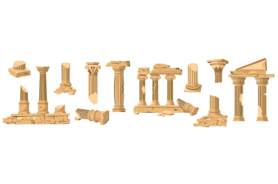 Ancient ruins. Cartoon classic stone pillars, antique architecture bui