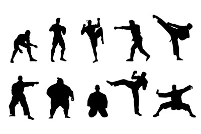 Martial fighters silhouettes. Black athletes characters punch opponent