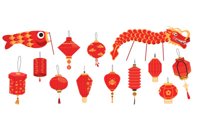 Traditional Chinese lantern. Cartoon asian paper lamps with tassel for