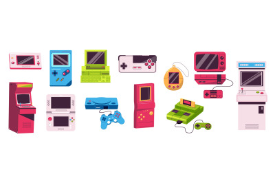 Retro gaming devices. Vintage analog electronics cartoon style, colorf