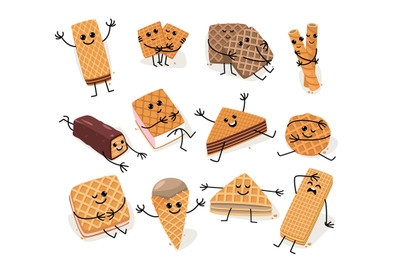 Cartoon waffle characters. Cute happy kawaii faces on crispy belgian w