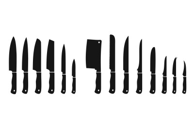 Black knives set. Different types of knife, stainless sharp bladed equ