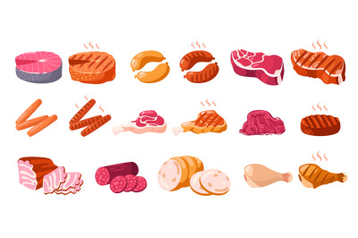 Cartoon meat products. Raw steaks sausages and forcemeat, fresh meaty