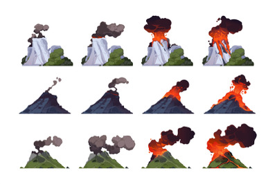 Volcano eruption. Cartoon volcanic mountain with different stages of e