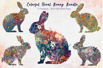 Colorful Floral Bunny Cliparts Bundle