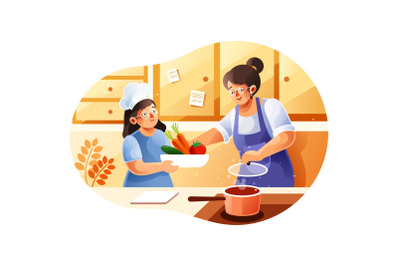 Mom and children cooking in the kitchen