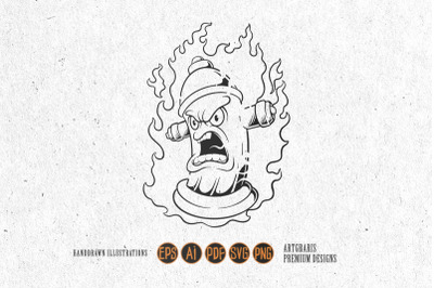 Vintage flaming fire hydrant logo illustrations monochrome