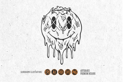 Scary melting evil smiley zombie emoticons logo illustrations monochro