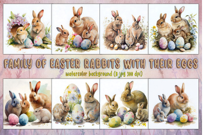 Family Of Easter Rabbits With Their Eggs