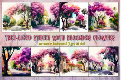 Tree-Lined Street With Blooming Flowers