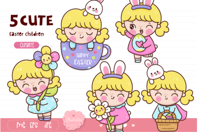 Happy easter day kawaii clipart. Easter kid bunny girl