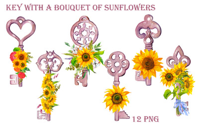 Key with sunflowers bouquet sublimation