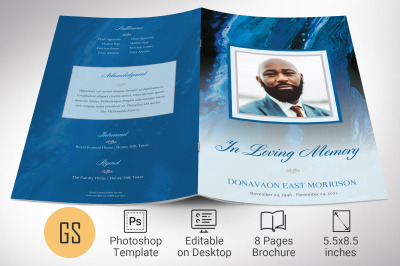 Blue Marble Funeral Program Template | Photoshop | 8 Pages