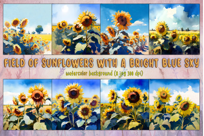 Field Of Sunflowers With Bright Blue Sky