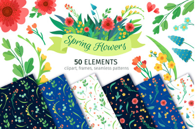 Spring Flowers. Clipart, Patterns, Borders, Frames &amp; Wreaths