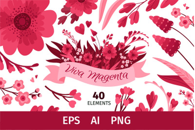Viva Magenta, Flowers &amp; Ribbons Clipart