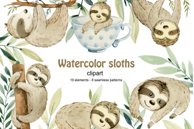 Watercolor sloths clipart.