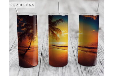 Beach Sunset Seamless Tumbler Wrap, 20 Oz Skinny Tumbler Ocean Sunset