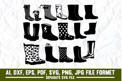 Rain boots,boots coloring,vector illustration,rubber boots,black,white