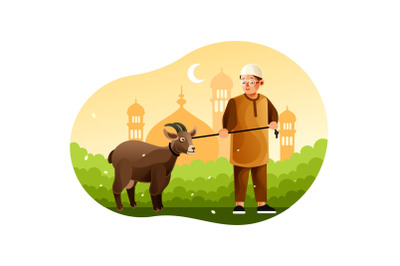 Boy brings sheep to Mosque when Eid al-Adha