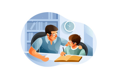 Boy studying with father at home