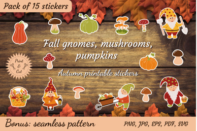 Fall gnomes, mushrooms, pumpkins. Autumn printable stickers.