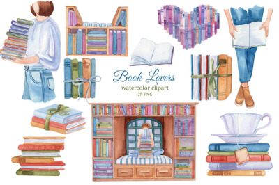 Book lovers watercolor clipart, book reeder png