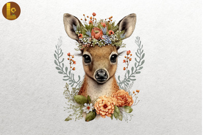 Watercolor Deer And Flowers