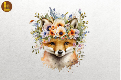 Watercolor Fox And Flowers