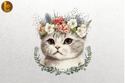 Watercolor Cat And Flowers