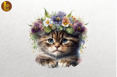 Watercolor Cat And Flowers 3