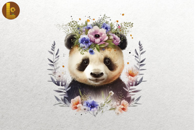 Watercolor Panda And Flowers