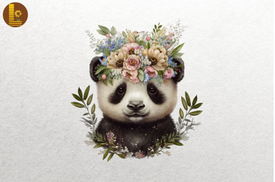 Watercolor Panda And Flowers 2