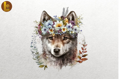 Watercolor Wolf And Flowers