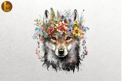 Watercolor Wolf And Flowers 3