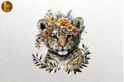 Watercolor Tiger And Flowers