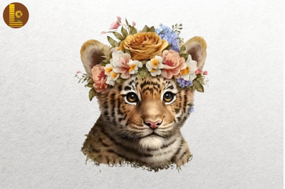 Watercolor Tiger And Flowers 2