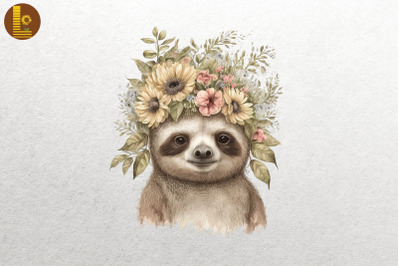 Watercolor Sloth And Flowers