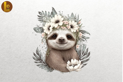 Watercolor Sloth And Flowers 2