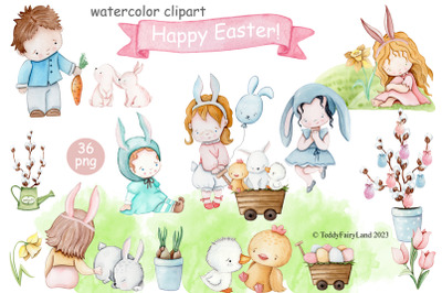 Cute Easter Watercolor Clipart, Easter kids and animals