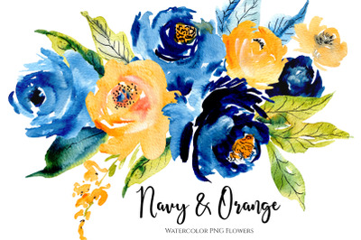 Watercolor Blue &amp; Orange Flowers Png