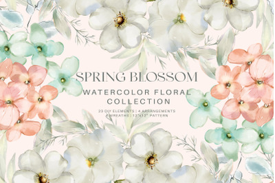Spring Blossom Watercolor Peachy and Mint Flower Clipart Collection, W