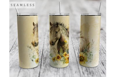 Watercolor Horse With Sunflowers, Seamless Tumbler Wrap, 20 Oz Skinny