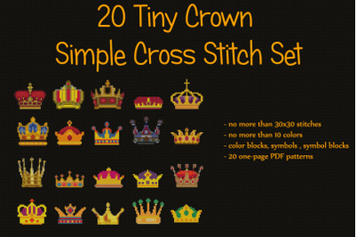 20 Tiny Crown Cross Stitch Set - Simple Small Cross Stitch Patterns