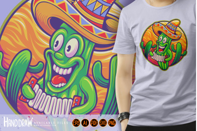 Funny mexican cinco de mayo cactus playing music illustration