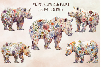 Vintage Floral Bear Cliparts Bundle