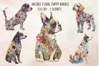 Vintage Floral Puppy Cliparts Bundle