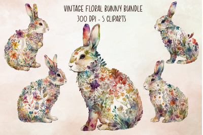 Vintage Floral Bunny Cliparts Bundle