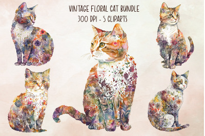 Vintage Floral Cat Cliparts Bundle