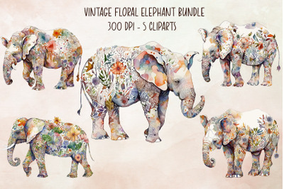 Vintage Floral Elephant Cliparts Bundle